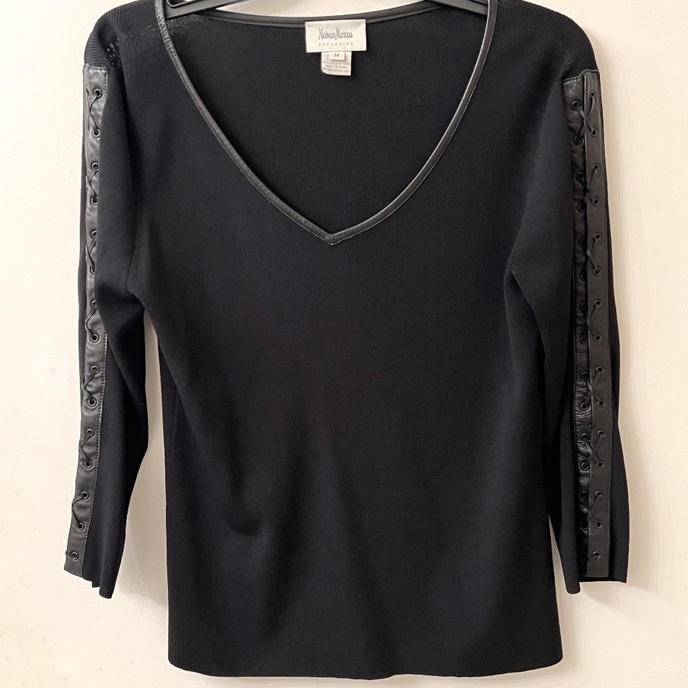 Neiman Marcus V-Neck Sweater With Leather Trim On Sleeves/Neck